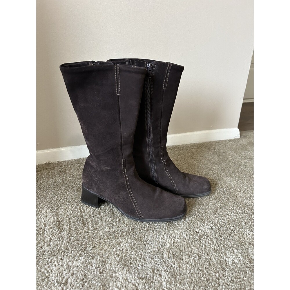 La CANADIENNE Chocolate Brown Suede Designer Boots, Square Toe, Women’s Size 8.5